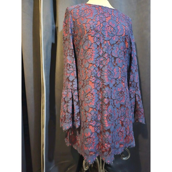 Wayf Navy Burgundy Merrick Lace Dress, Tie Back Bell Sleeve Medium - Picture 4 of 8